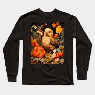 Retro Vintage Art Style Baby Chick in Field of Wild Flowers - Whimsical Farm Long Sleeve T-Shirt